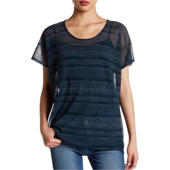 INHABIT Sheer Tonal Striped Scoop Neck Tee Lagoon Blue Size Small - Picture 1 of 16